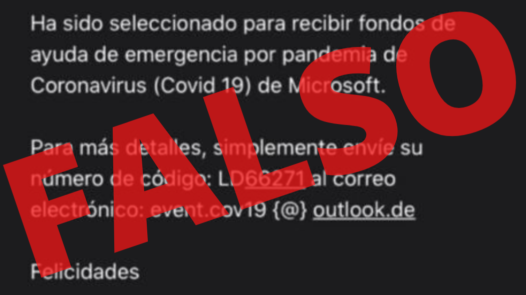 Microsft no está enviando correos para entregar ayudas por el Covid-19