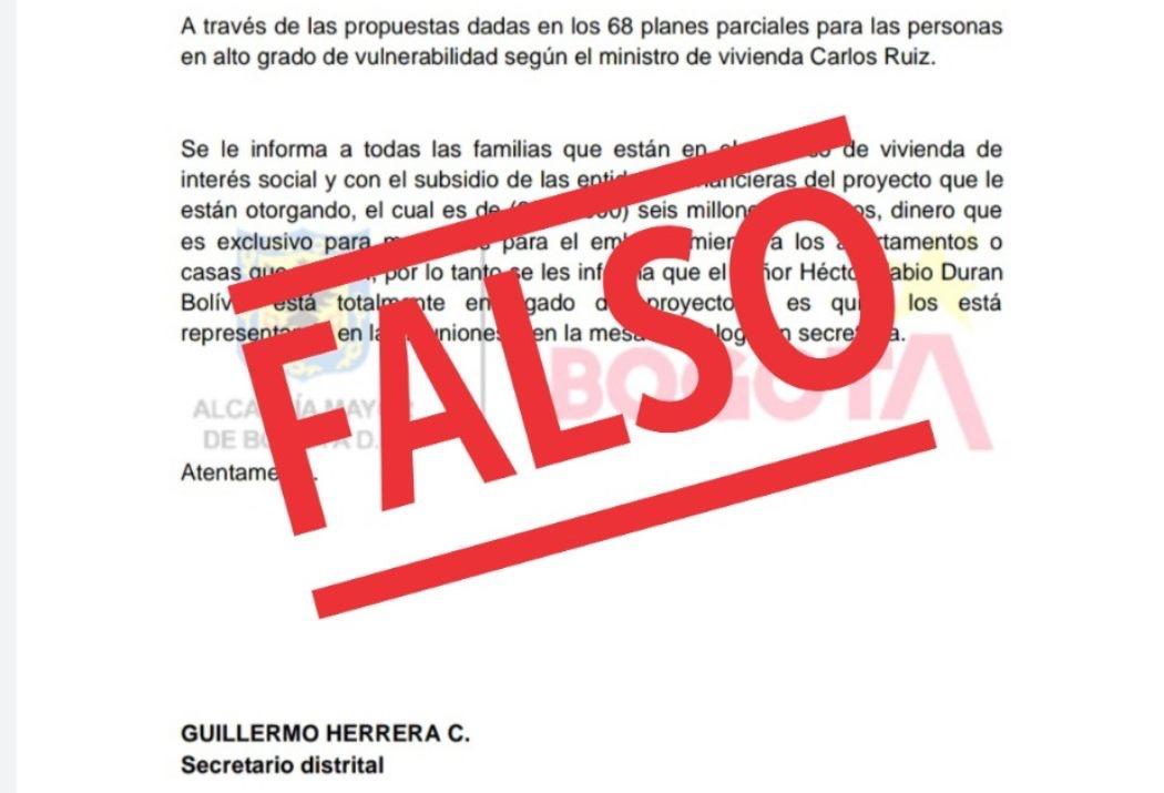 Comunicado falso sobre subsidio de vivienda - Foto: @habitatbogota