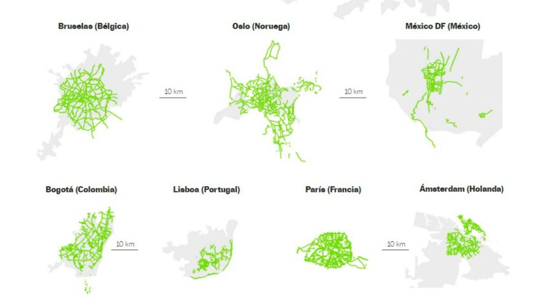 Entre las ciudades mencionadas por el artículo por sus estrategias destacadas para ganarle espacio a la bici, están: Bruselas, Bélgica; Oslo, Noruega; Lisboa, Portugal; Amsterdam, Holanda. 