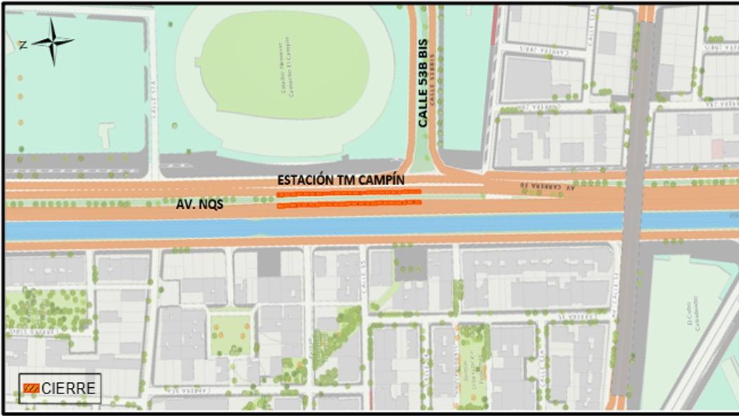 Cierre total de las calzadas oriental y occidental exclusivas de Transmilenio y cierre de carril adyacente en las calzadas rápidas de la av. NQS con calle 56