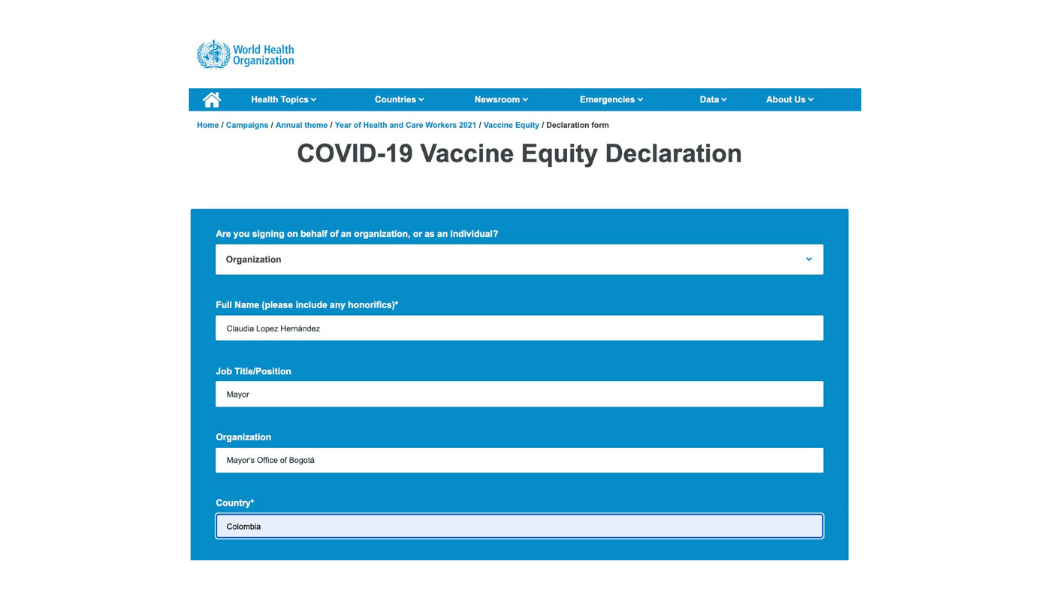 Para sumarse a la Declaración de Equidad Vacunal de la OMS, la Alcaldesa llenó el documento oficial que envía la Organización y que certifica la adherencia a dicha declaración