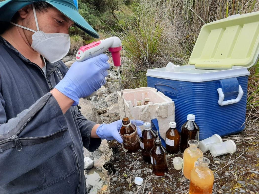 Experto del Acueducto de Bogotá tomando muestras de algunas especies de algas.