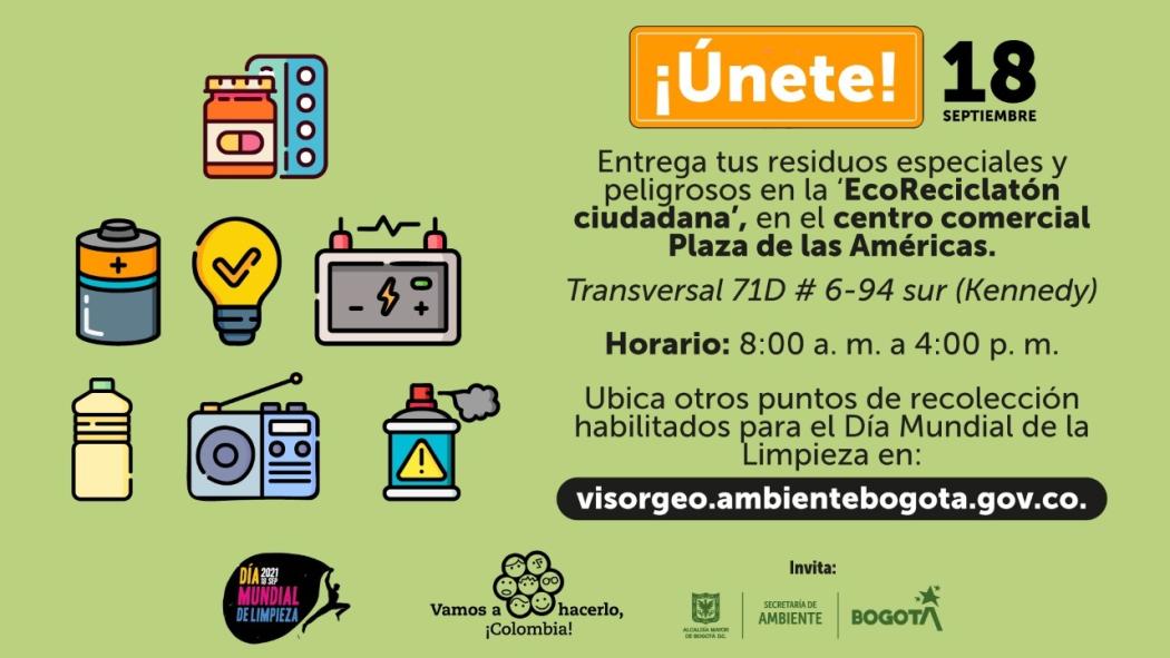 La EcoReciclatón ciudadana se llevará a cabo de 8:00 a. m. a 4:00 p. m. en el Centro Comercial Plaza de las Américas. Pieza: Secretaría Ambiente.