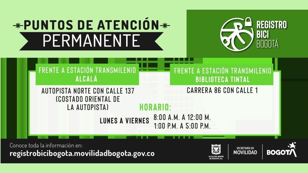 Puntos de atención Registro Bici en Bogotá