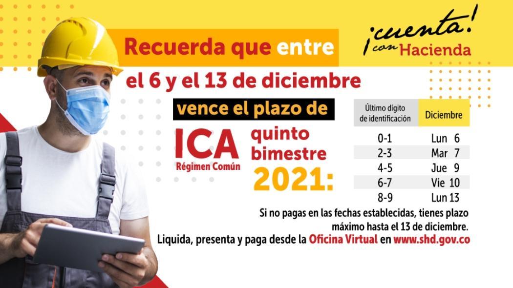 El 13 de diciembre vence plazo para declarar y pagar ICA quinto bimestre 2021