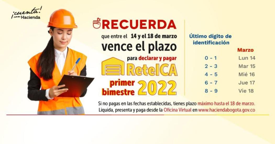 ¿Hasta cuándo tengo tiempo de declarar y pagar el ReteICA en Bogotá?