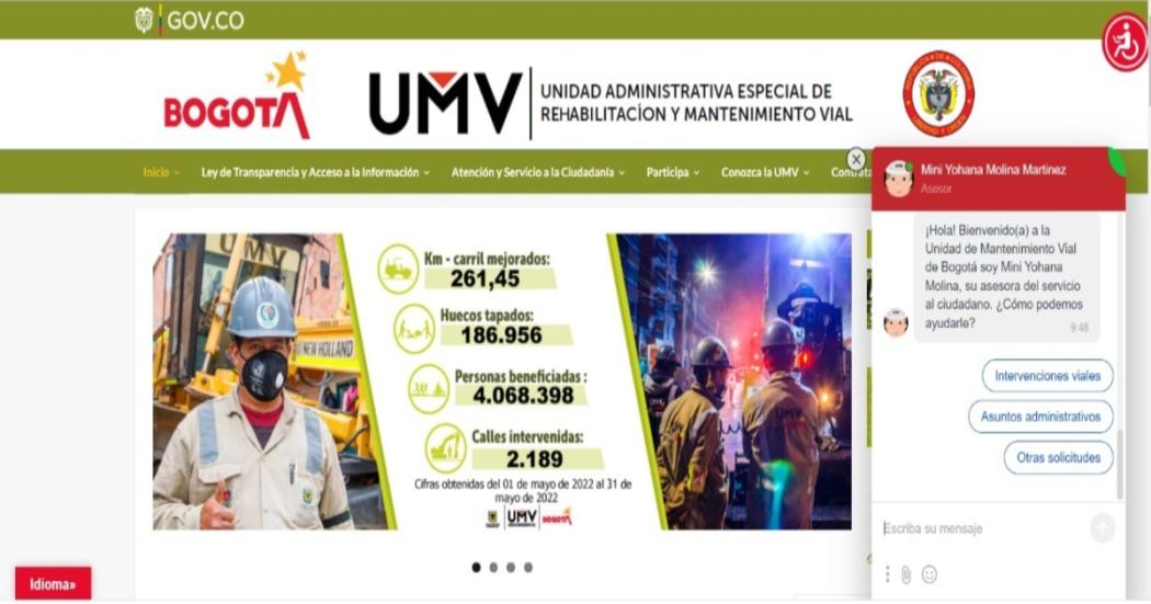 Movilidad en Bogotá: Chat virtual de la Unidad de Mantenimiento Vial