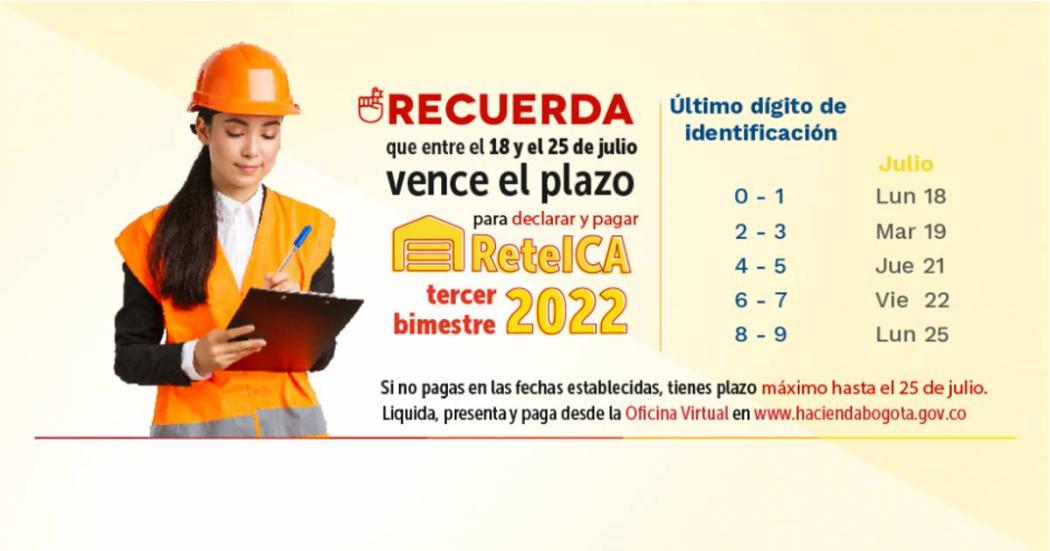 Cuándo vence plazo para declarar y pagar ReteICA 3er bimestre 2022