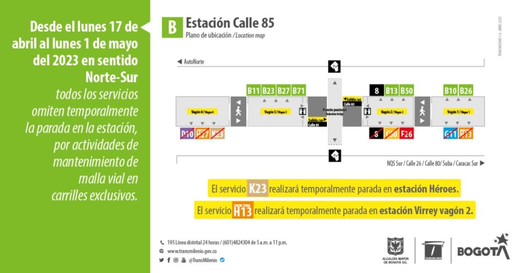 Ajustes operativos en estación Calle 85 del 17 de abril al 1 de mayo