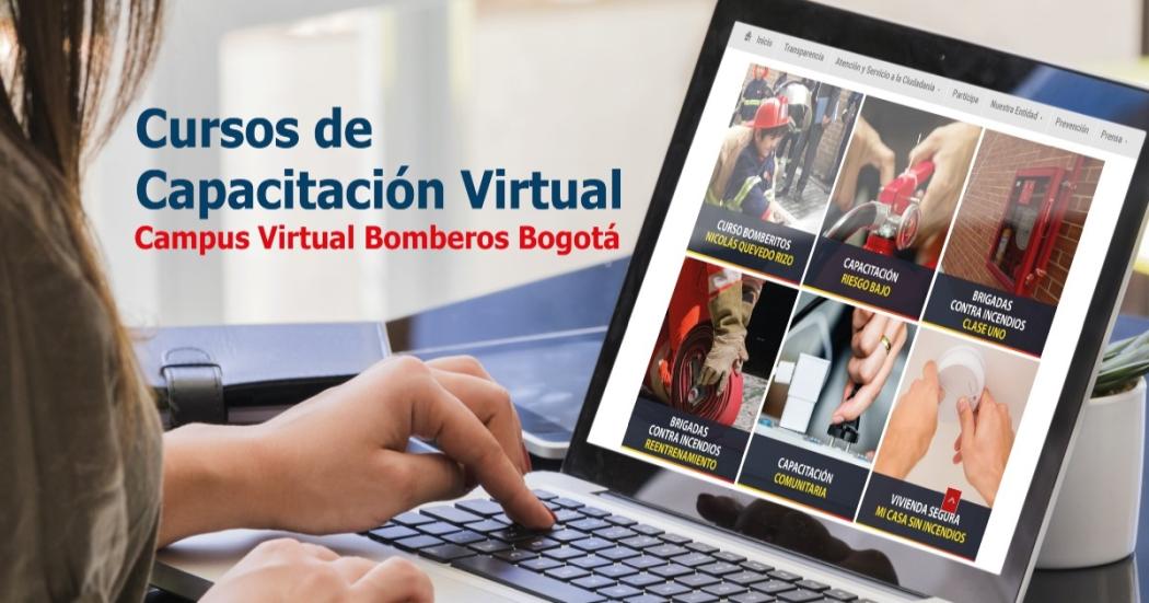 Persona frente a una laptop curso virtual de bomberos