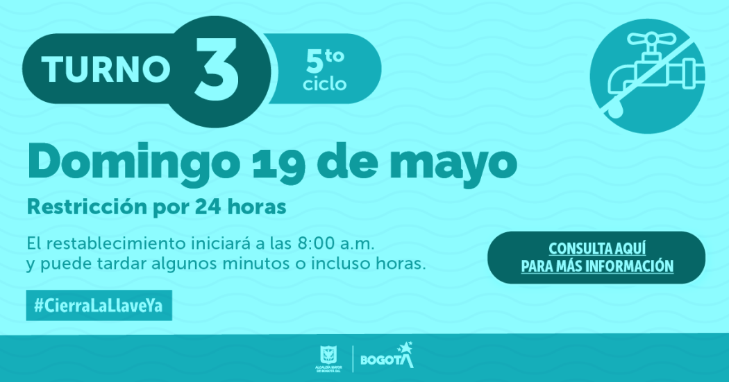 Barrios turno de racionamiento de agua en Bogotá domingo 19 de mayo