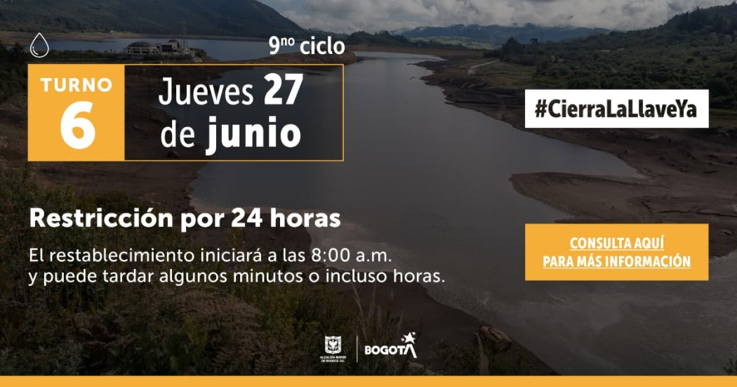 Racionamiento de agua en Bogotá y Soacha jueves 27 de junio 2024 