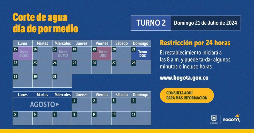 Racionamiento de agua en Bogotá para el domingo 21 de julio 2024 