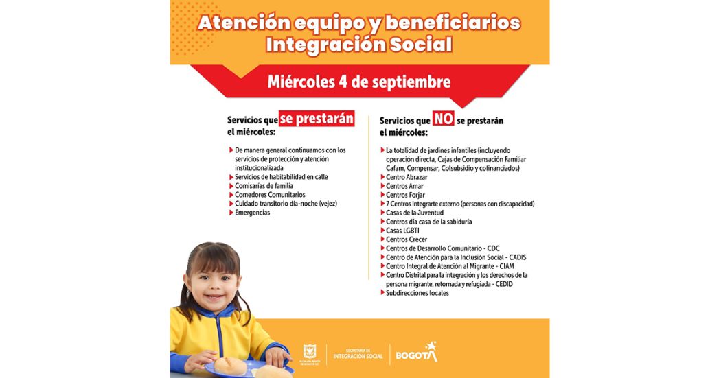 Servicios de Integración Social en Bogotá miércoles 4 de septiembre