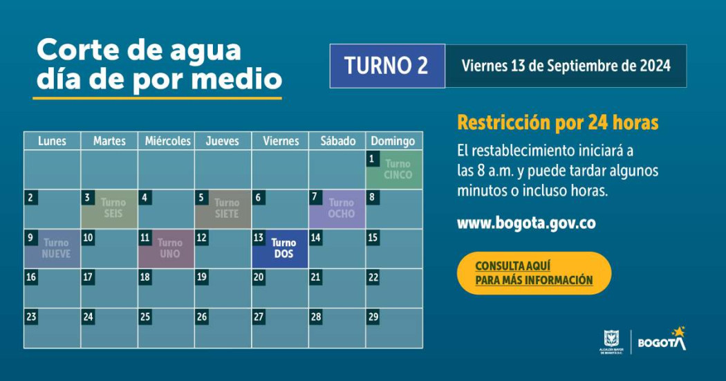 Racionamiento de agua en Bogotá y Cota viernes 13 de septiembre 2024 