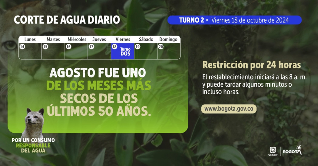 Racionamiento de agua en Bogotá y Cota viernes 18 de octubre 2024 