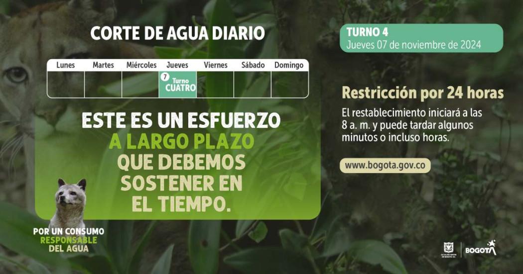 Racionamiento de agua en Bogotá y Soacha jueves 7 de noviembre 2024 