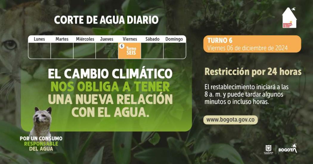 Racionamiento de agua en Bogotá y Soacha viernes 6 de diciembre 2024