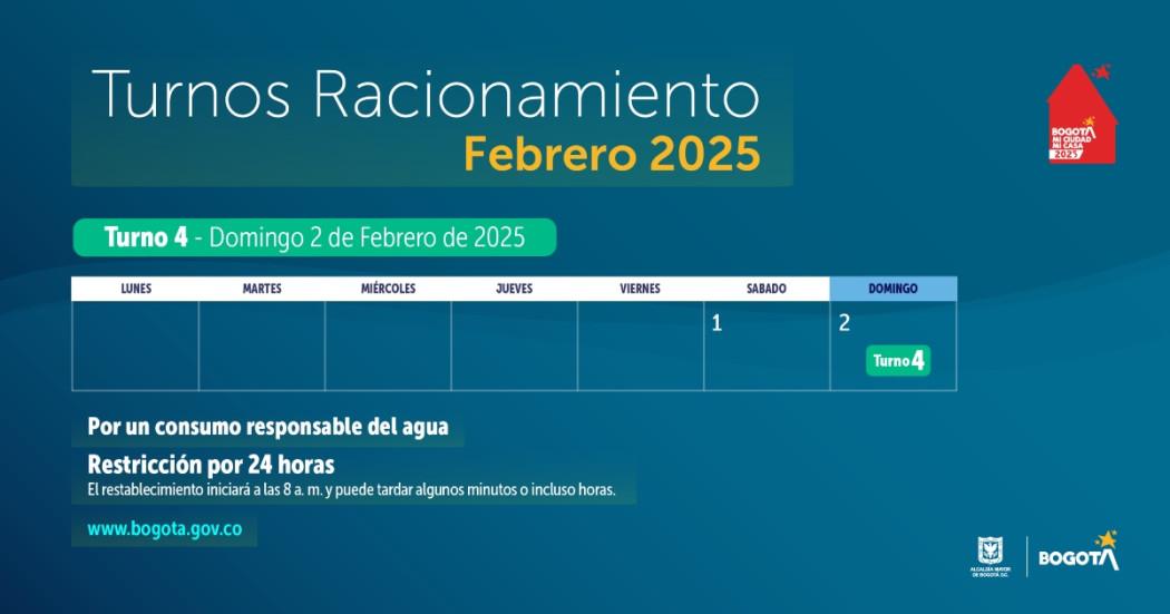 Racionamiento de agua en Bogotá y Soacha domingo 2 de febrero de 2025 