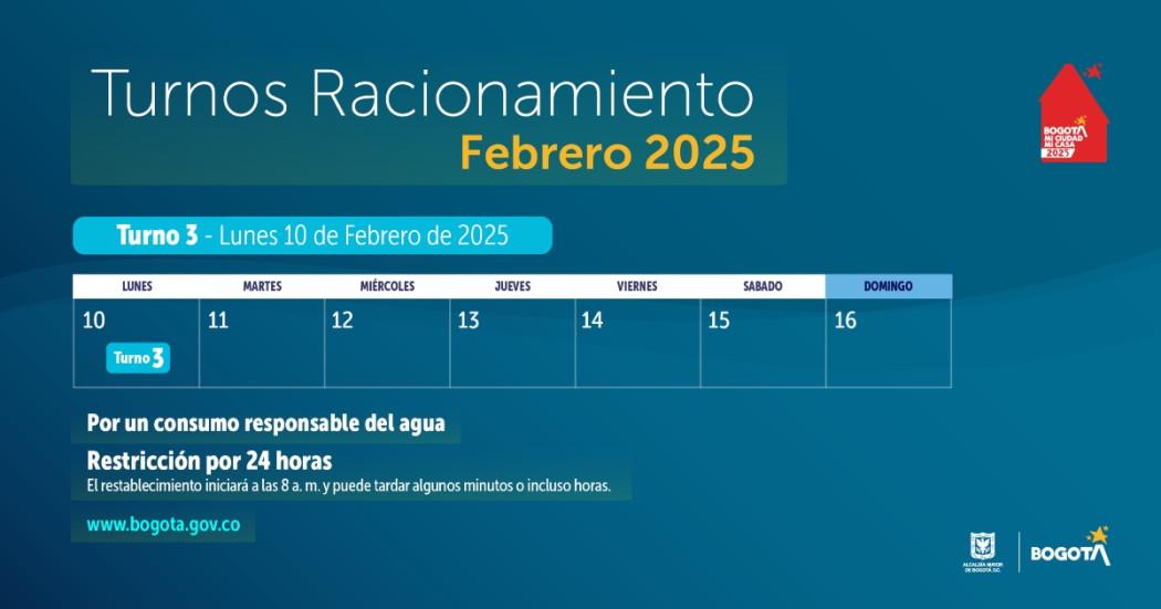 Racionamiento de agua en Bogotá para el lunes 10 de febrero de 2025 