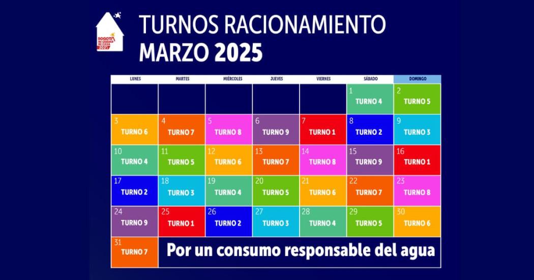 Turnos de racionamiento de agua en Bogotá turnos del 1 al 31 de marzo de 2025