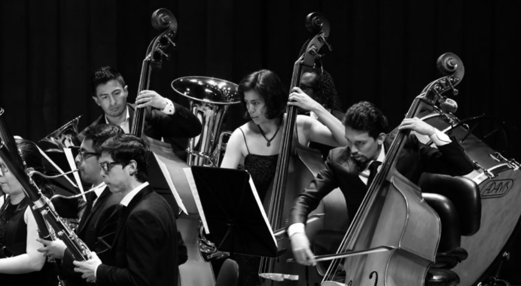 Un grupo de jóvenes pertenecientes a la Banda Filarmónica Juvenil interpretan instrumentos de cuerda.