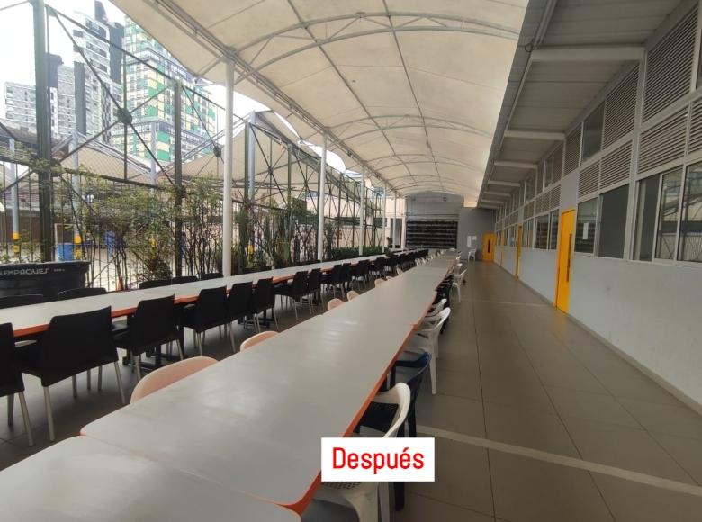 Después: Se mejoró el comedor escolar: cambio el piso de adoquín y la pintura. El espacio se dotó con mesas y sillas nuevas para el beneficio de las y los estudiantes de la institución.