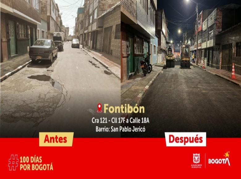 Con la estrategia 100 días por Bogotá, la UMV intervendrá 100.000 m² de pavimento. Así quedó la carrera 121 entre calles 17f y 18a, del barrio San Pablo Jericó en Fontibón ¡Conoce aquí el antes y después en otros sectores! 