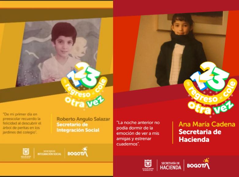  Con la frase "Recuerdo la felicidad al descubrir el árbol de peritas", el Sec. de Integración Social (der.), recuerda sus clases en el jardín infantil. La Sec. de Hacienda recuerda que la noche anterior no durmió de la emoción de ver a sus amigos.