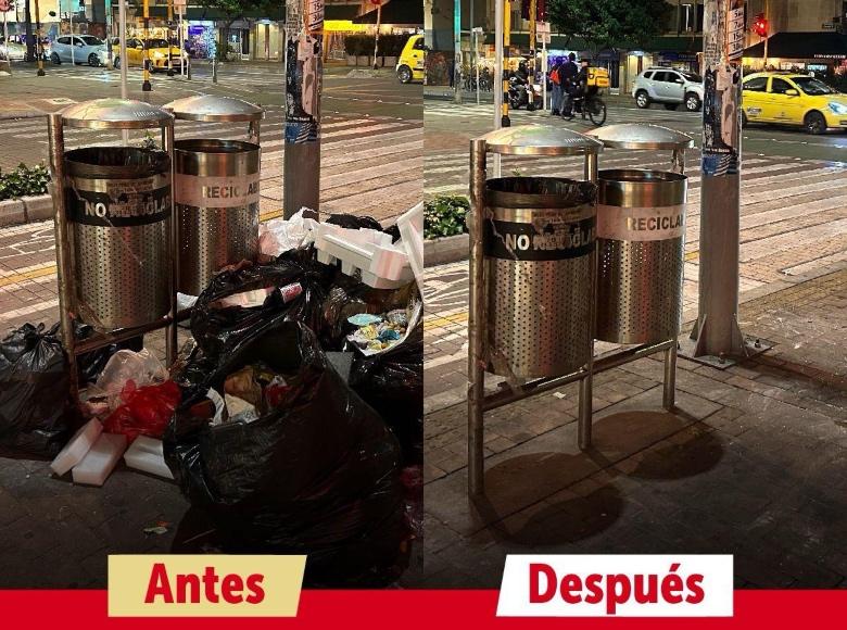 ¡Qué cambio! Aunque la UAESP se encarga de la limpieza, como puedes ver en estas imágenes, mantener aseado y organizado el espacio alrededor de las cestas depende de toda la ciudadanía.