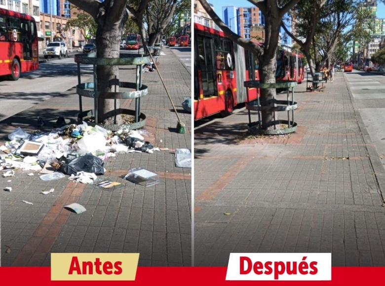 Dentro de las acciones adelantadas por la UAESP se encuentra el barrido y lavado de vías públicas de Bogotá.