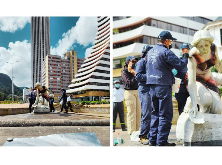 La Brigada de Atención a Monumentos (BAM), con su equipo de restauración, acudió a este espacio para hacer una de las labores en las que es experta, cuidar los Bienes de Interés Cultural Mueble de la ciudad.