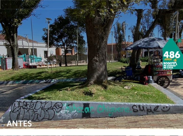 Antes: Las 'materas' que cercan los árboles de la Plaza Fundacional de Suba presentaban daños en la pintura.