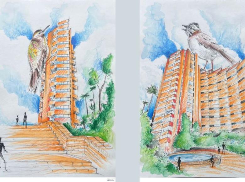 Cuarto lugar: José Leonardo Gutiérrez Moreno con el dibujo Cerros en vuelo, resistiendo – coexistiendo, una propuesta arriesgada desde la ficción. Propone aves endémicas de Bogotá como gigantes que se posan sobre los edificios de Salmona. 