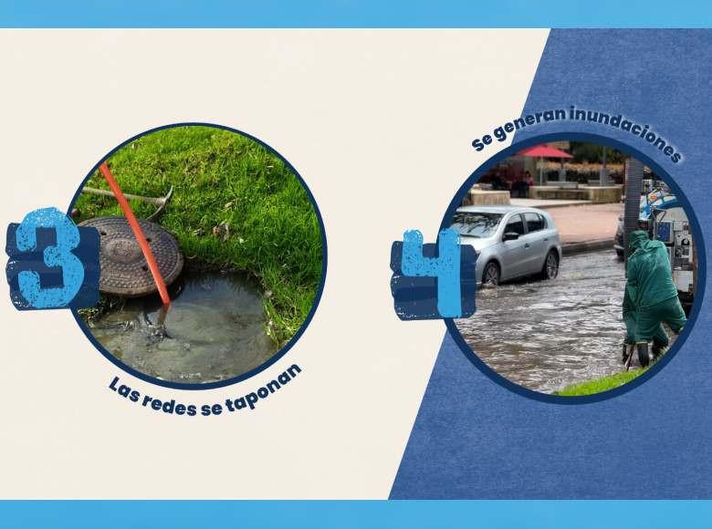 Las alcantarillas se tapan ocasionando inundaciones, encharcamientos y otras afectaciones como: dificultad en la movilidad, focos de enfermedades, contaminación del medio ambiente. 