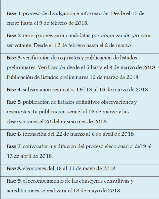 Fases de la elección del Consejo Consultivo de Mujeres 